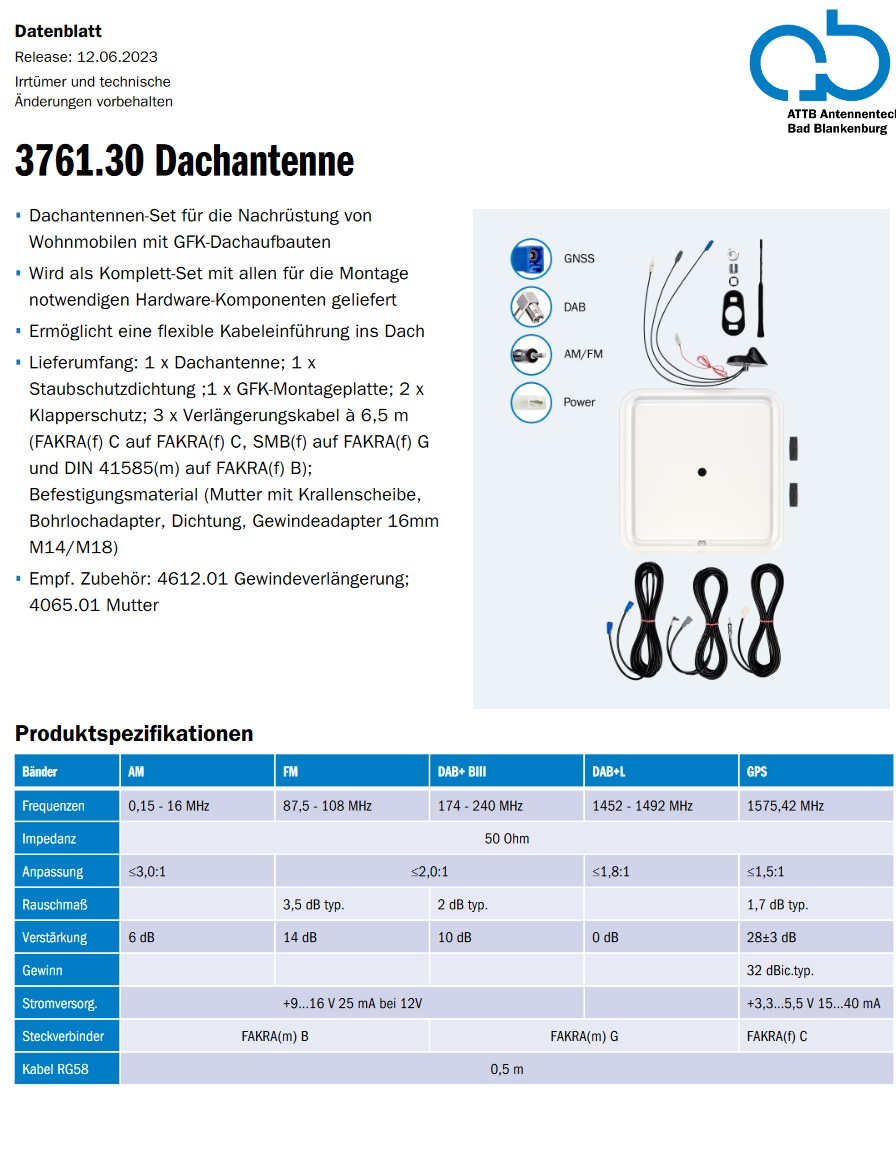 ATTB Antennentechnik Bad Blankenburg 3761.30 Kombiflex-D-Antenne GPS FM  DAB+ Montageplatte für Wohnmobile / Caravan