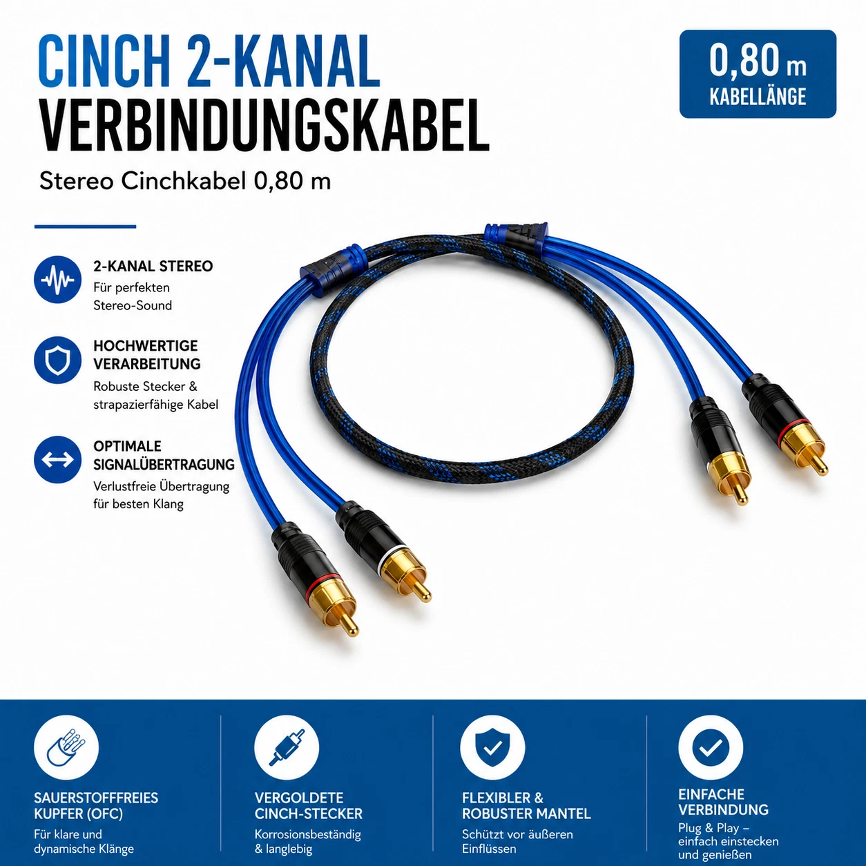 Cinch-Verbindungskabel 0,80 m - Stereo Cinchkabel 80cm