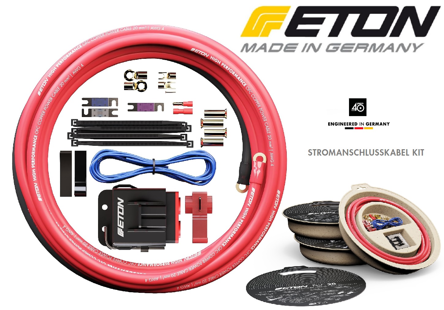 ETON PCC 20 Verstärker Anschlußset 20 mm² Power Connection Cable Set 20 mm2 Set zur Installation von Auto Verstärkern und Aktiv Subwoofern