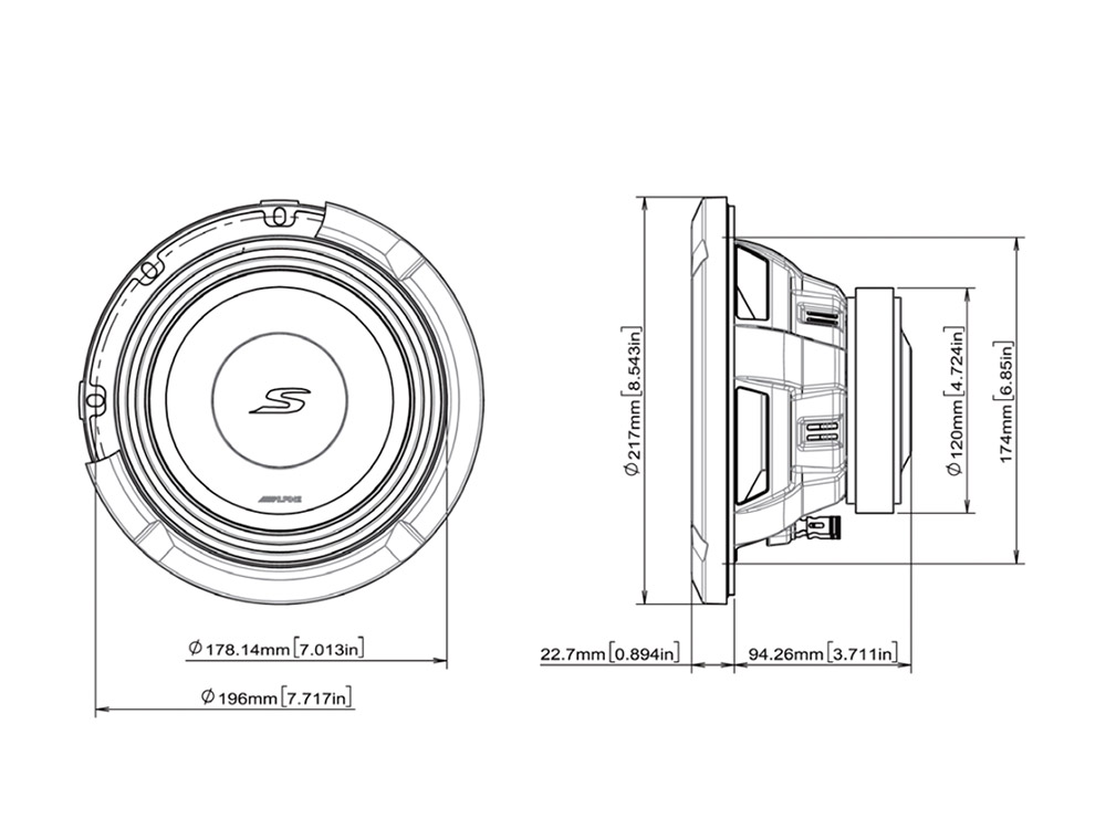 Alpine S2-W8D4 Subwoofer 20cm (8”) 4 Ohm Doppelschwingspule, 900 Watt Woofer (8-Zoll)