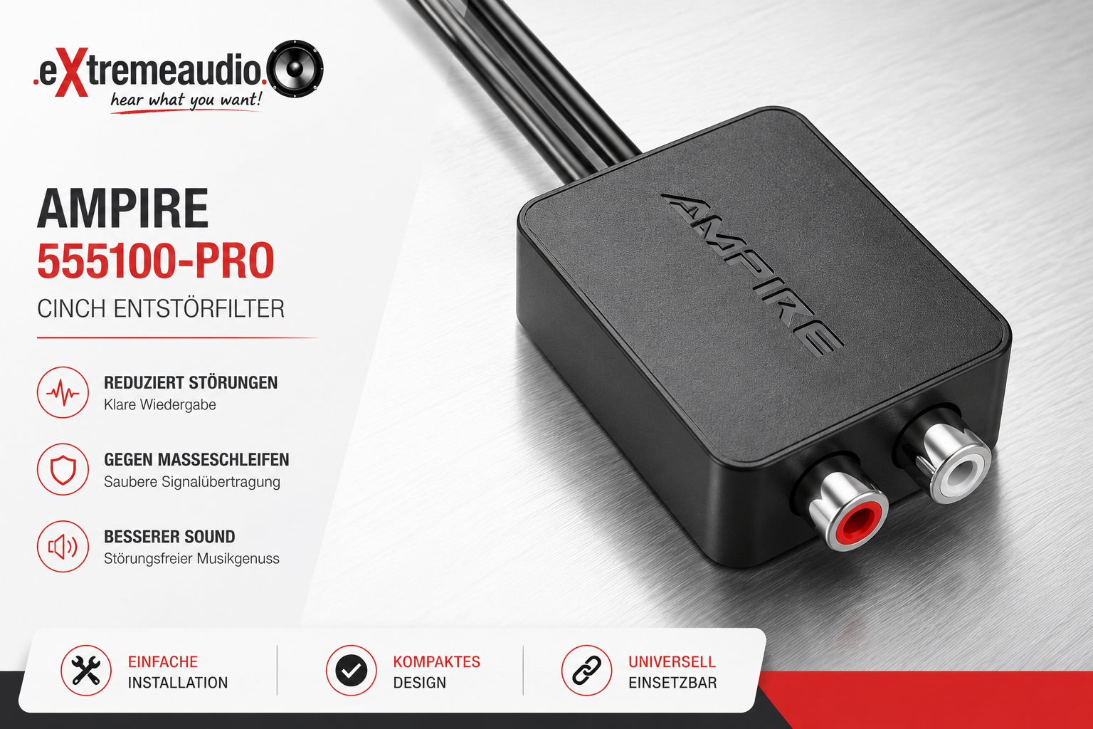 AMPIRE 55100-PRO NF-Entstörfilter Cinch um drehzahlabhängige Störungen durch Masseschleifen zu verhindern 