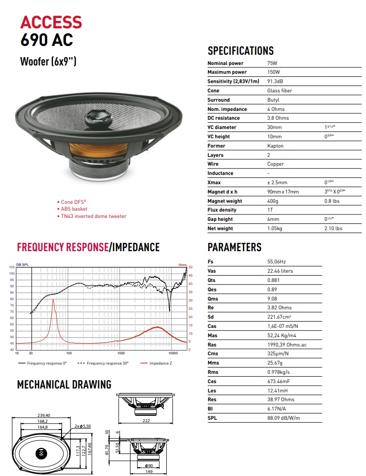 Focal 690AC ACCESS-Serie 2-Wege Koaxial 16,4 x 23,5cm (6x9") Lautsprecher Set 150 Watt, 1 Paar