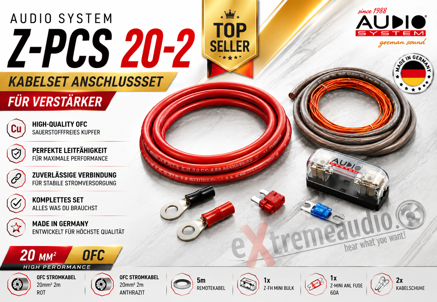 Audio System Z-PCS 20-2 OFC Kupfer 20 mm² Endstufen Kabelset Verstärker Anschluß Set 2 meter