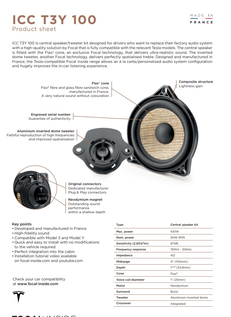 Focal ICC-T3Y-100 10 cm (4") Center Lautsprecher kompatibel mit Tesla Model 3 Standard, Sr+, Premium Lr Mr, Model Y Standard Sr, Y Premium Lr 