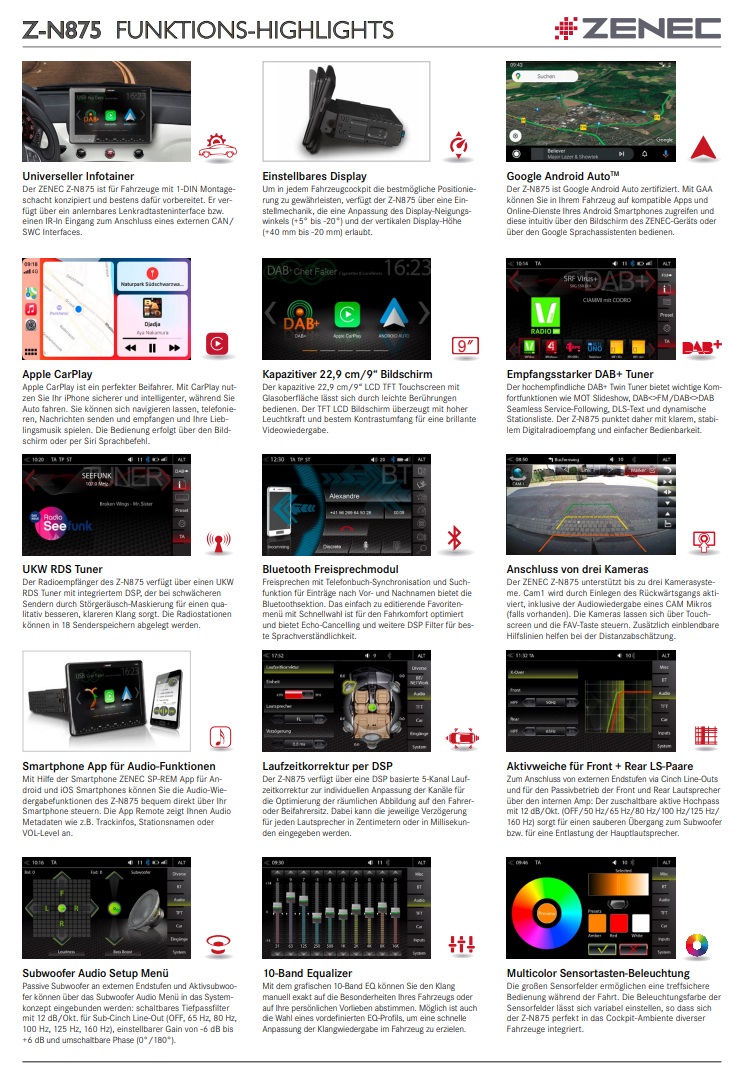 ZENEC Z-N875 1-DIN Autoradio, Multimediasystem, Infotainer mit DAB+, Apple CarPlay, Android 