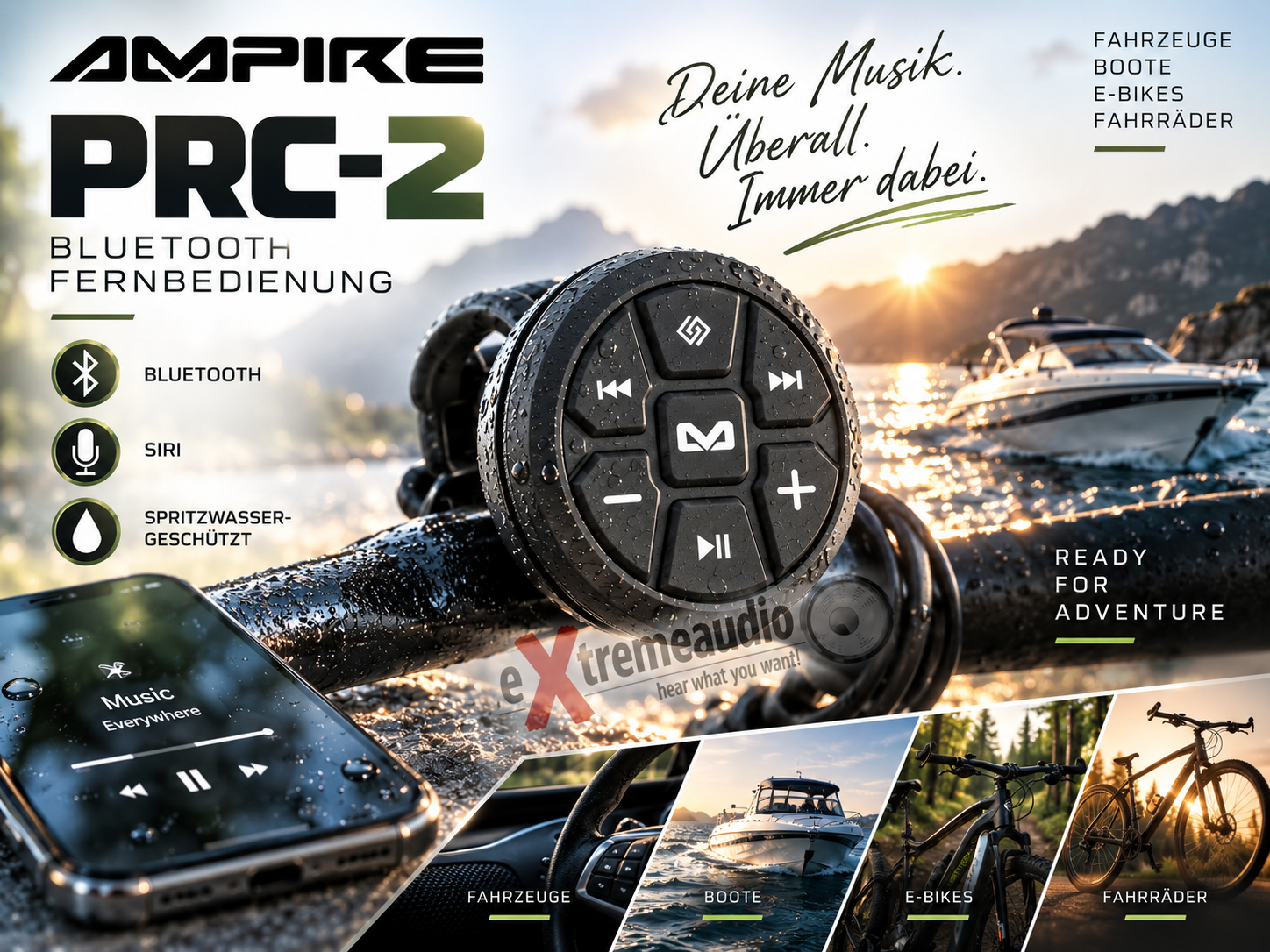 Ampire PRC-2 Bluetooth Marine spritzwassergeschützte Fernbedienung, SIRI, Batterie, spritzwassergeschützt für Fahrzeuge, Boote, E-Bikes und Fahrräder kompatibel mit Apple iPhone und Android Smartphones