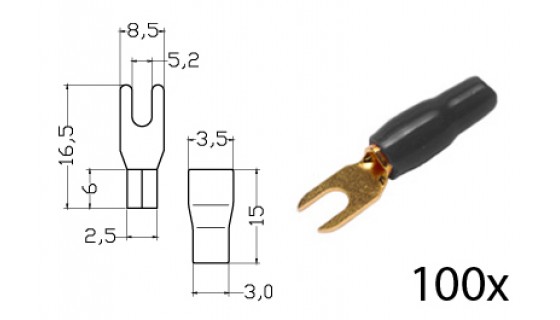 RTA 152.353-2 Klemm-Gabelkabelschuh isoliert, vergoldet, 100x SCHWARZ 1,5-2,5mm²/13/16AWG DU 5mm