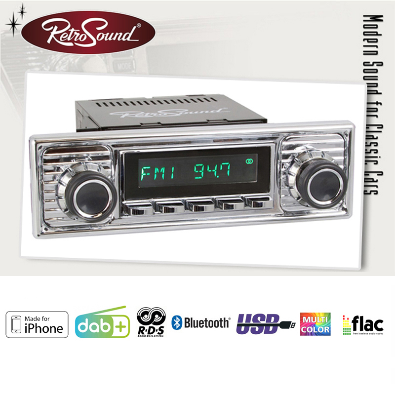 RETROSOUND "MOTOR-6" DAB+ Komplett-Set "Chrome" RSD-CHROME-6 mit Zubehör Autoradio für Oldtimer und US-Cars