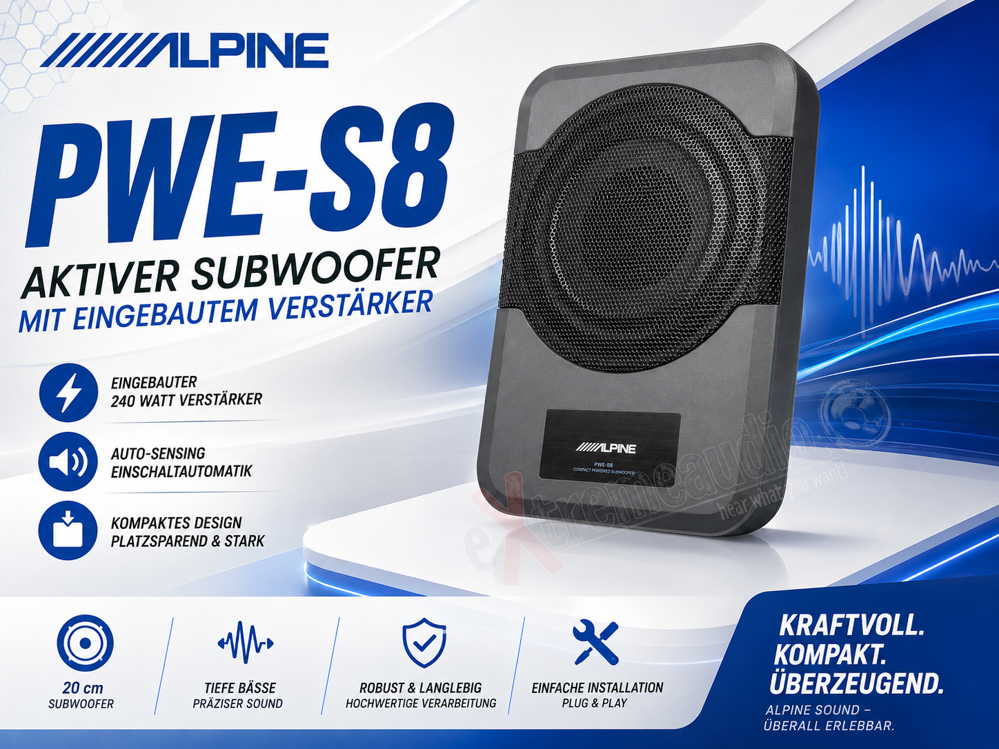 Alpine PWE-S8 Aktiver 20 cm (8-Zoll) Subwoofer mit Auto-Sensing und eingebautem 240 Watt Verstärker
