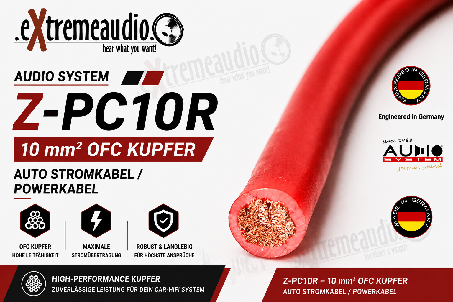 Audio System Z-PC10R 10 mm² OFC Kupfer Auto Stromkabel Powerkabel für Verstärker 10qmm - Meterpreis