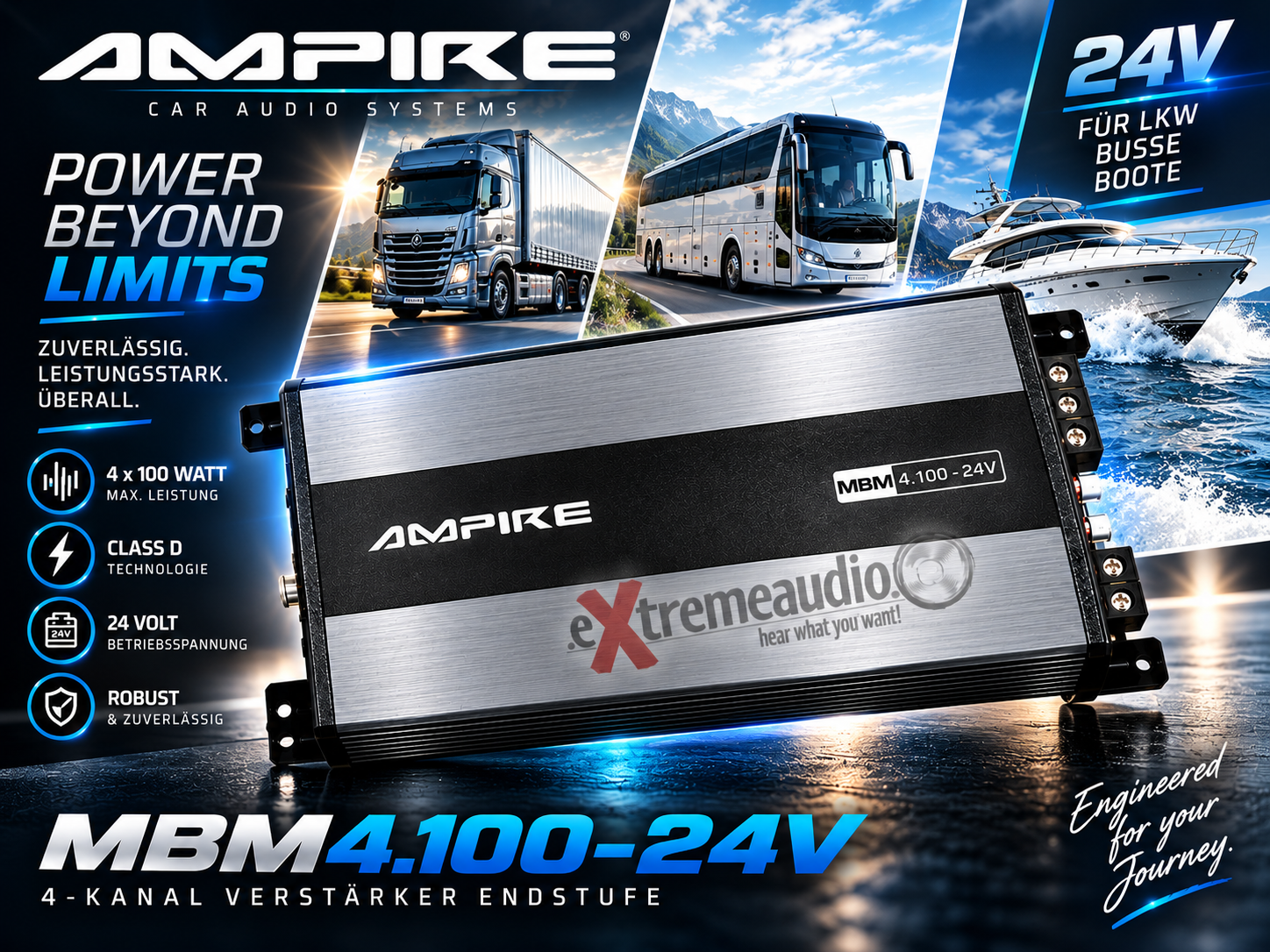 Ampire MBM4.100-24V 4-Kanal Verstärker Endstufe 4 x 100 Watt Class D - 24 Volt für LKW, Busse und Boote mit 24 Volt  