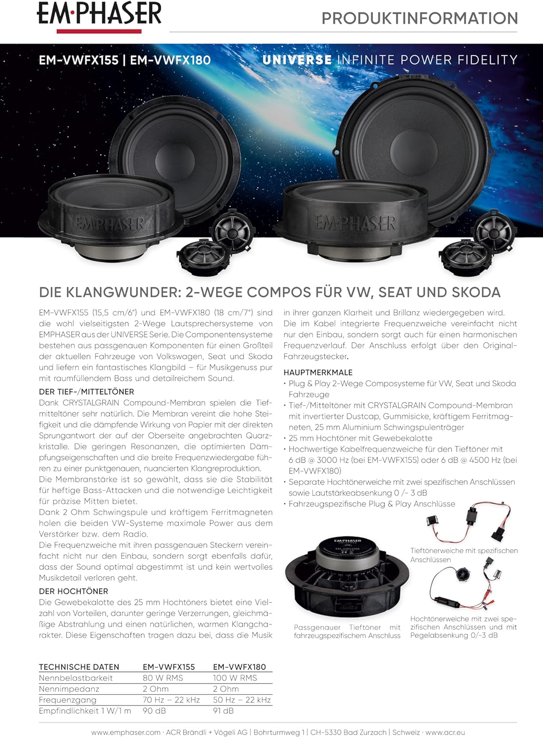 EMPHASER EM-VWFX155 15.5 cm 2-Wege Compo Lautsprecher kompatibel mit Volkswagen VW, Seat, Skoda, Soundsystem für Tür Einbau