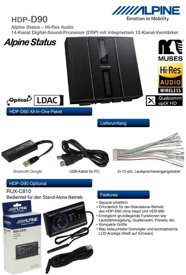 Alpine HDP-D90 Hi-Res Audio 14-Kanal Digital-Sound-Prozessor (DSP) mit integriertem 12-Kanal-Verstärker