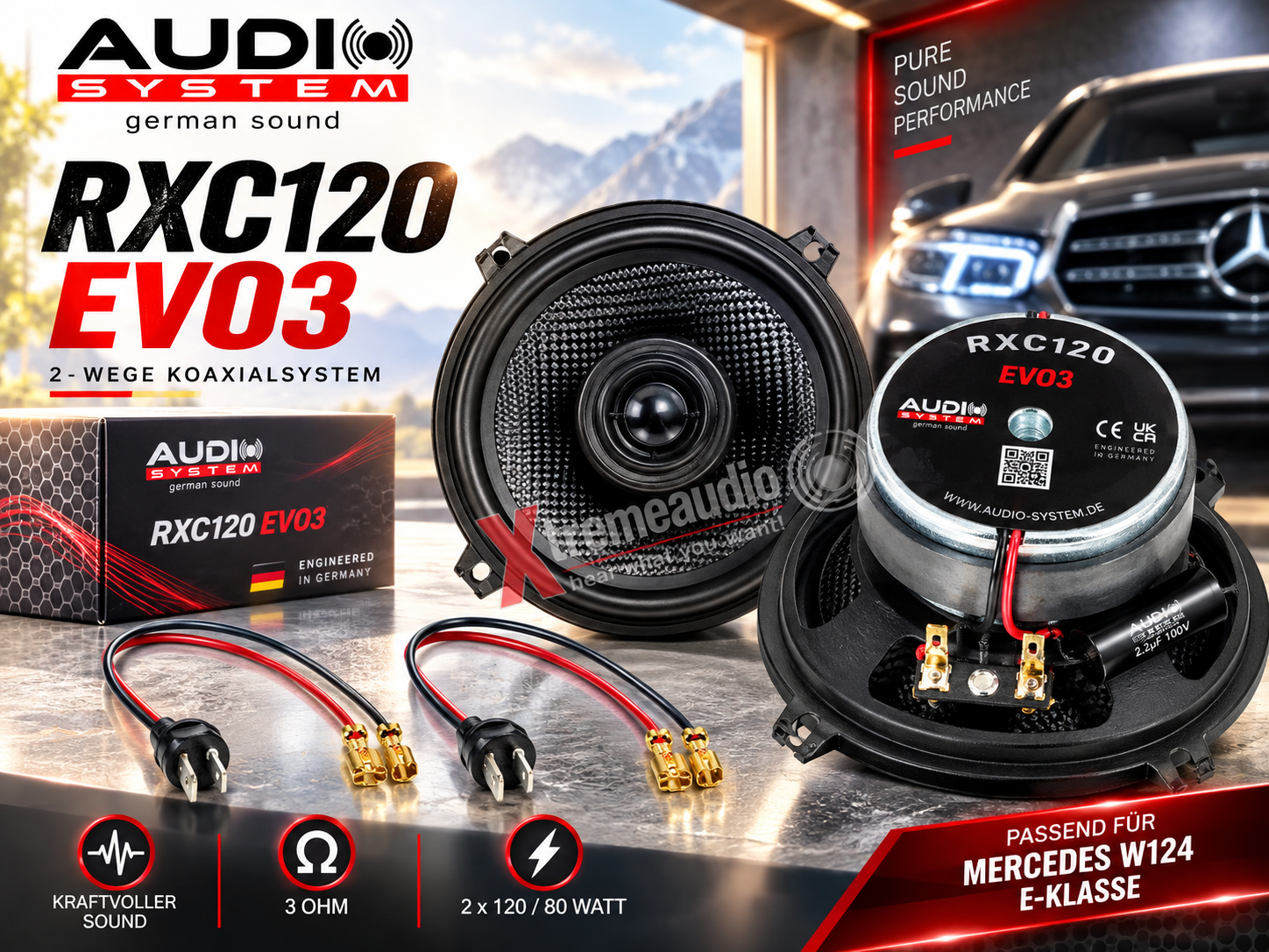 Audio System RXC120 EVO3 2-Wege 12 cm Koaxial Lautsprecher passend für Mercedes W124 E-Klasse + Lautsprecher Adapter - 1 Paar  