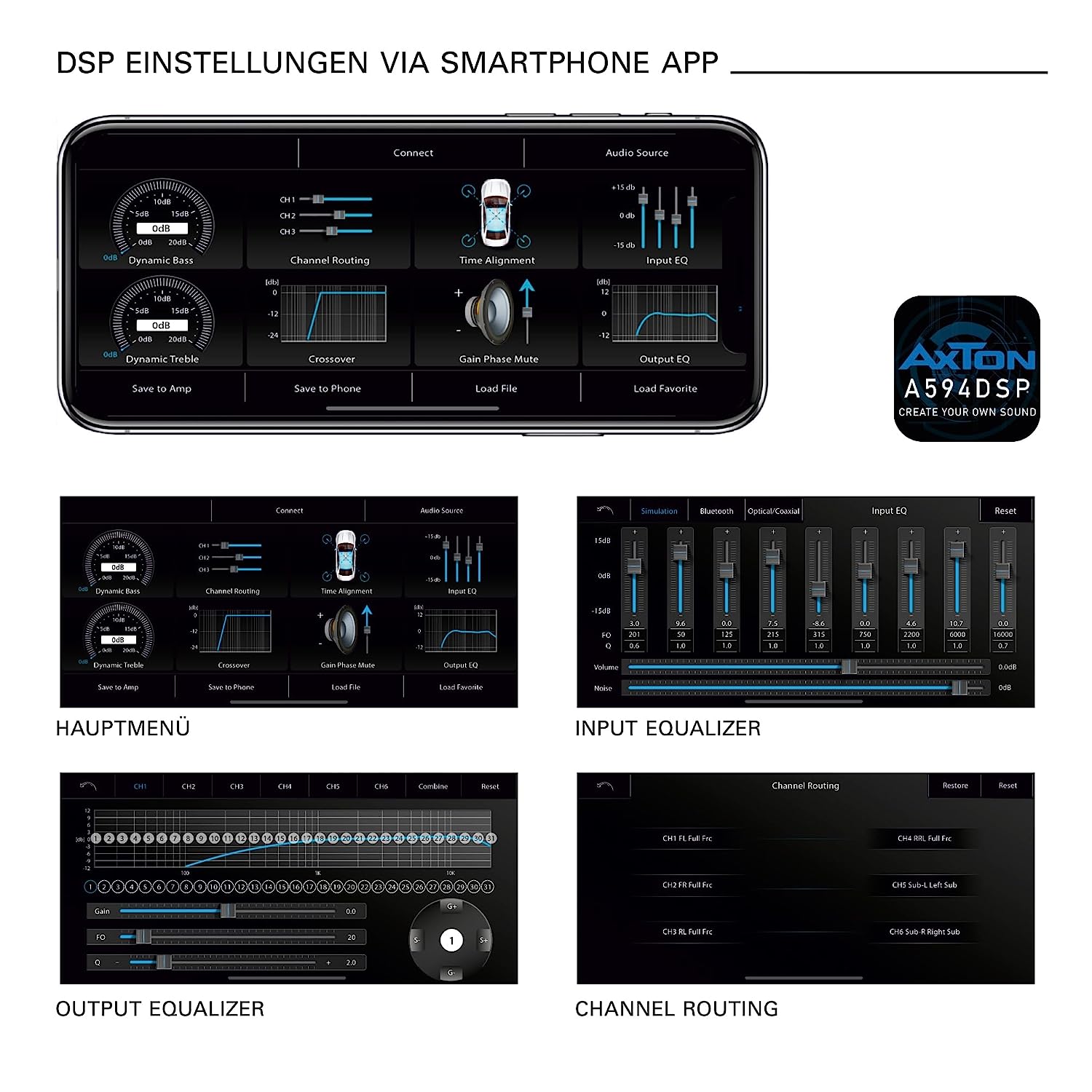  AXTON A594DSP 4-Kanal Verstärker mit 6-Kanal DSP, Handy App-Steuerung, Bluetooth Audiostreaming