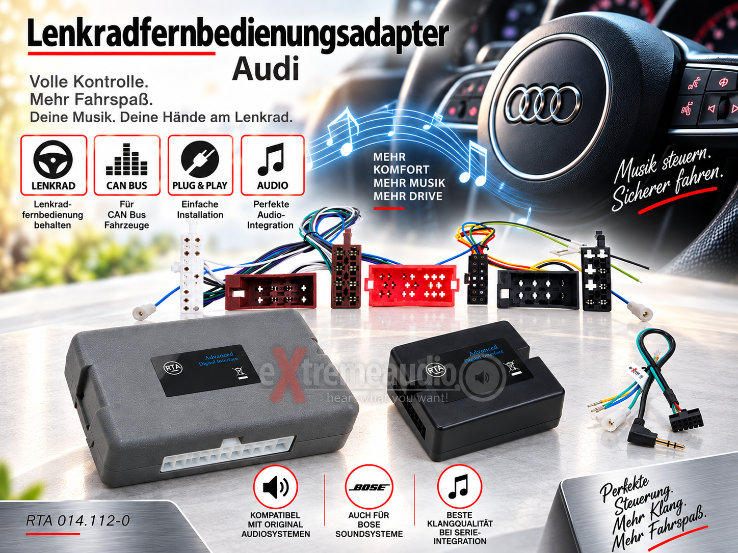 RTA 014.112-0 Lenkradfernbedienungsadapter Audi A3 2G Typ 8P/8PA, A4 Typ B6 8E/8H, A4 B7 8E/8H, A6 C5 Typ 4B, A6 C6 Typ4F, Audi TT für CAN Bus Fahrzeuge + PREMIUM Vollaktiv Adapterbox auch für Bose Soundsysteme 
