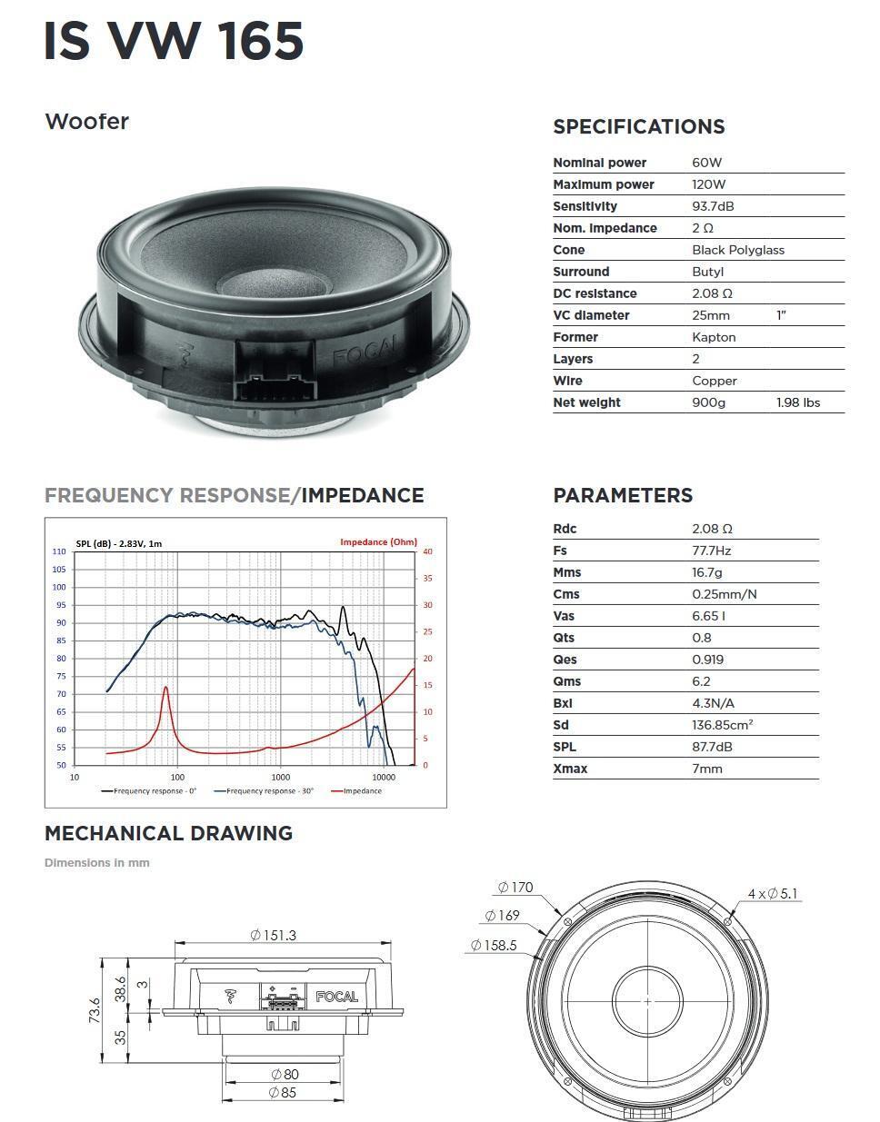 Focal IS165VW 2-Wege Compo Lautsprecher 16,5 cm für Skoda Citygo, Fabia, Octavia, Roomster, Superbe 