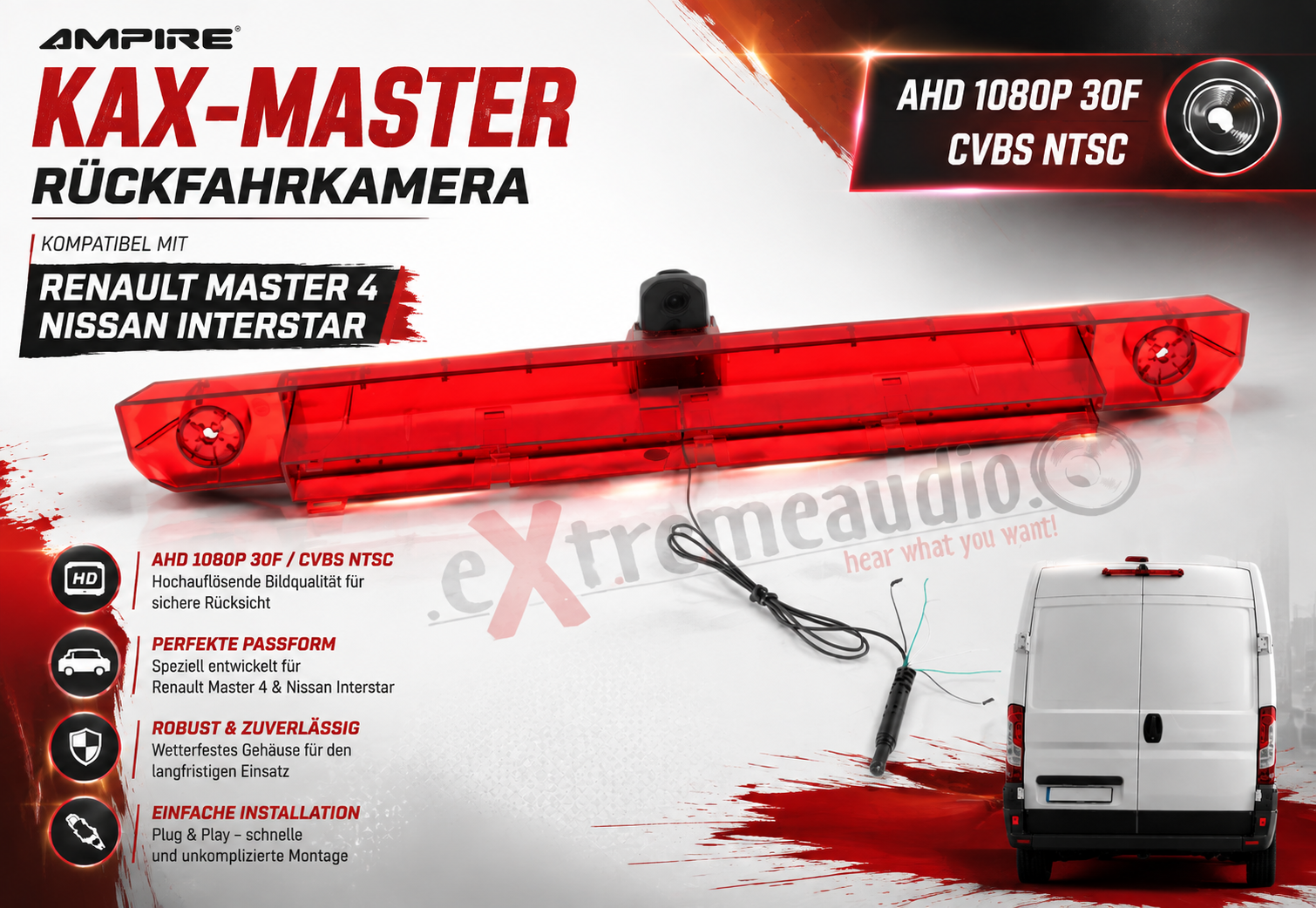 Ampire KAX-MASTER Rückfahrkamera Kamera (AHD 1080P 30F/CVBS NTSC) kompatibel mit Renault Master 4, Nissan Interstar
