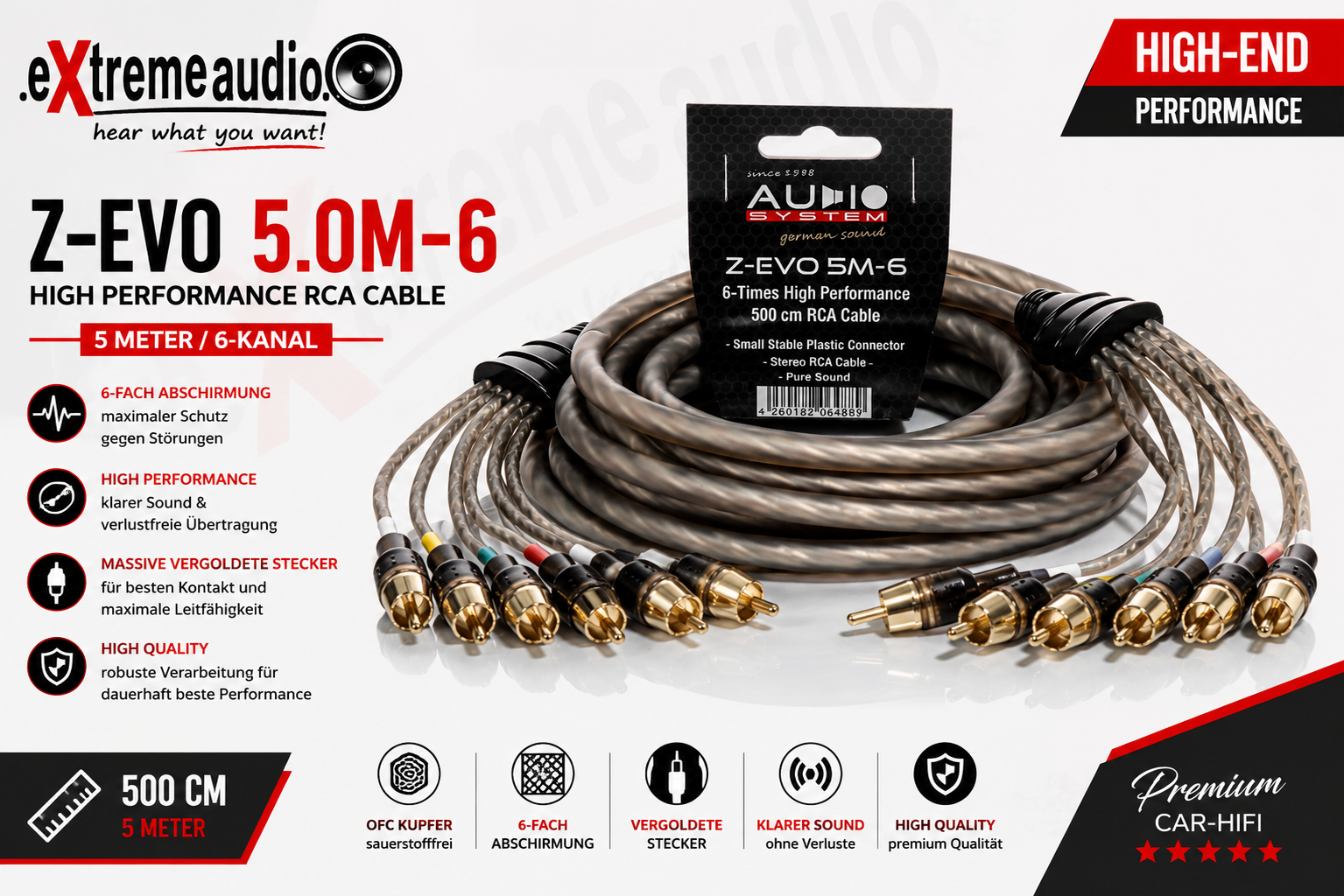 AUDIO SYSTEM Z-EVO 5.OM-6 Cinchkabel / RCA cable HIGH PERFORMANCE 5 meter 6-fach