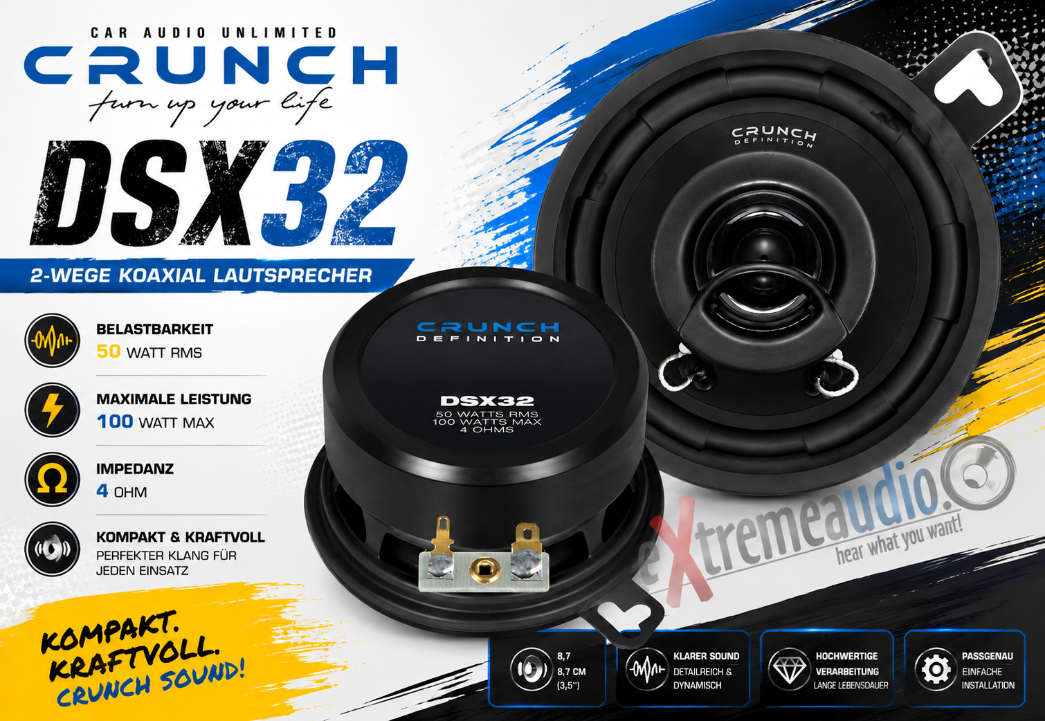 Crunch DSX32 2-Wege Koaxial Lautsprecher 8,7 cm 100 Watt Power - 1 Paar