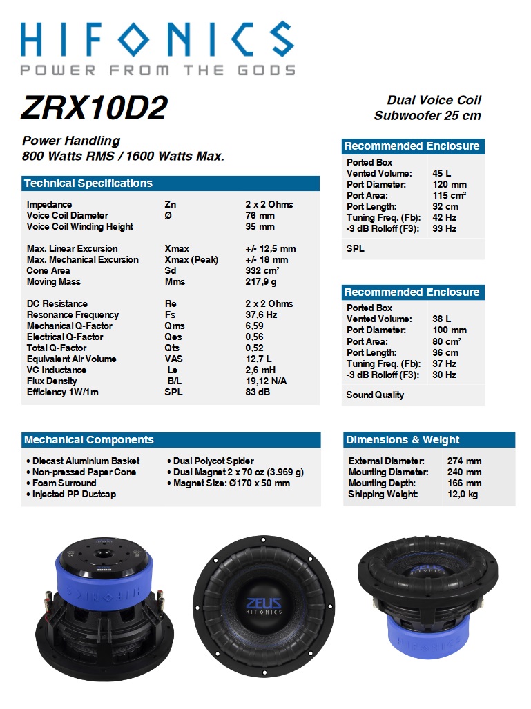 HIFONICS ZRX-10D2 ZEUS Woofer 25 cm (10") Subwoofer 800 W/RMS, 1600 W/MAX, 2 + 2 Ω