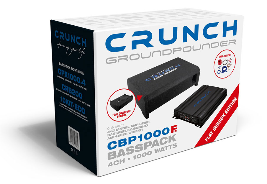 Crunch CBP1000F Basspack Downfire-Bassreflex, 1000 Watt 4-Kanal Verstärker + flache Subwooferkiste 