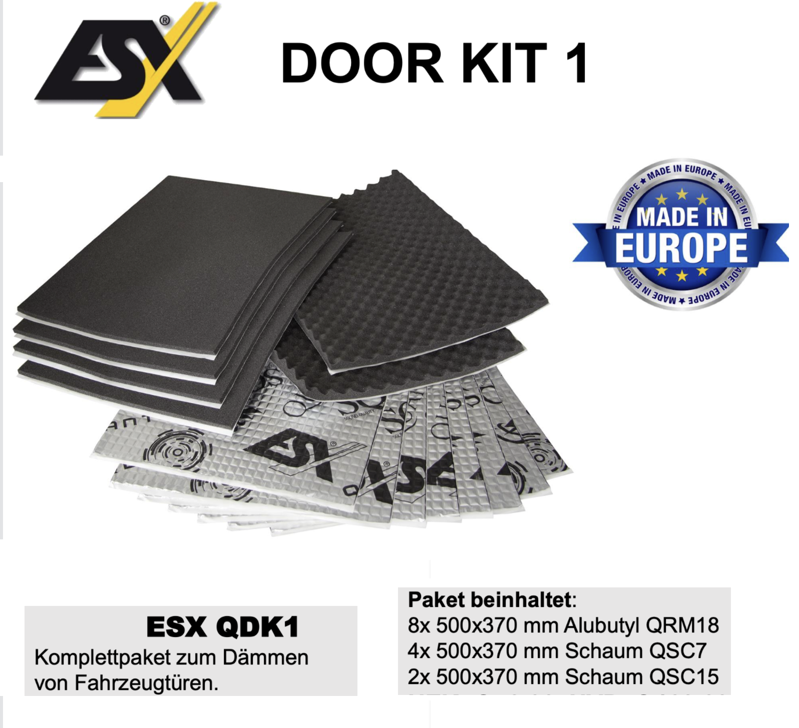 ESX QDK 1 QUANTUM Komplettset Türdämmung selbstklebend AluButyl und Akustik-Schaumstoff schalldämmend, Schalldämmung, Vibrationsdämpfung