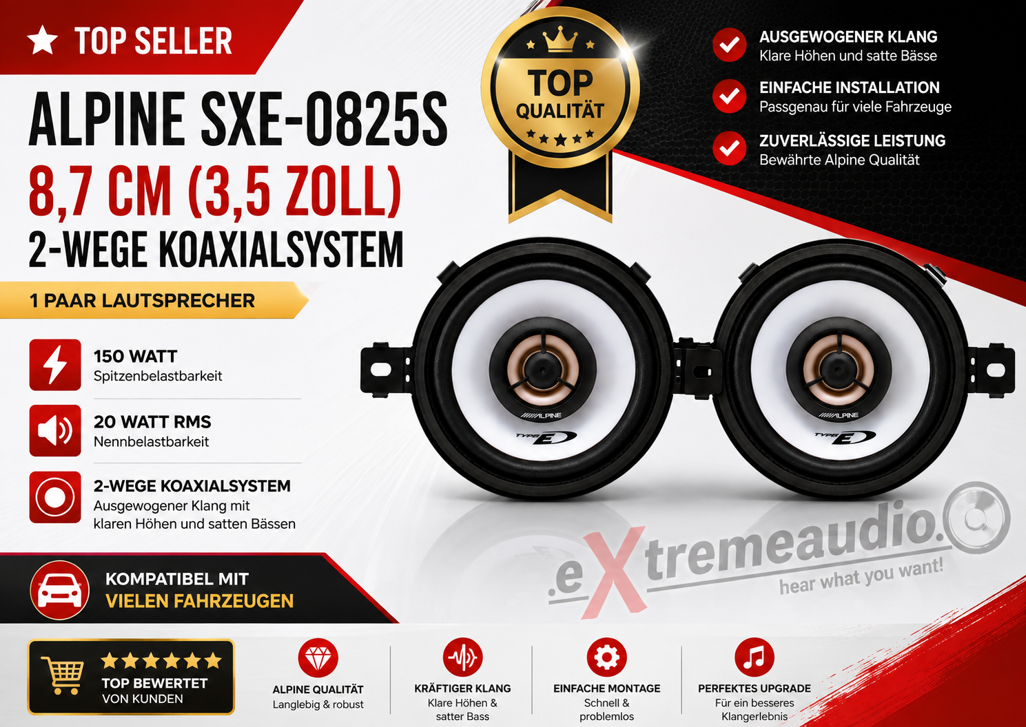Alpine SXE-0825S 8,7 cm (3,5- Zoll) 2-Wege Koaxiallautsprecher 1 Paar Lautsprecher 150 Watt