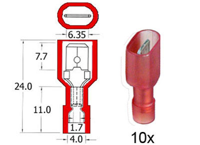 RTA 151.005-0 Nylon complètement isolé broches plates 6,3 mm rouge