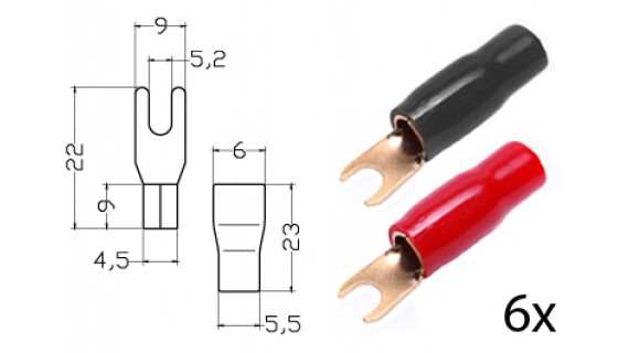 RTA 152.145-0 Bornes de serrage - fourche isolé, or, 6x RED + 6x BLACK 10mm² diam. 5mm