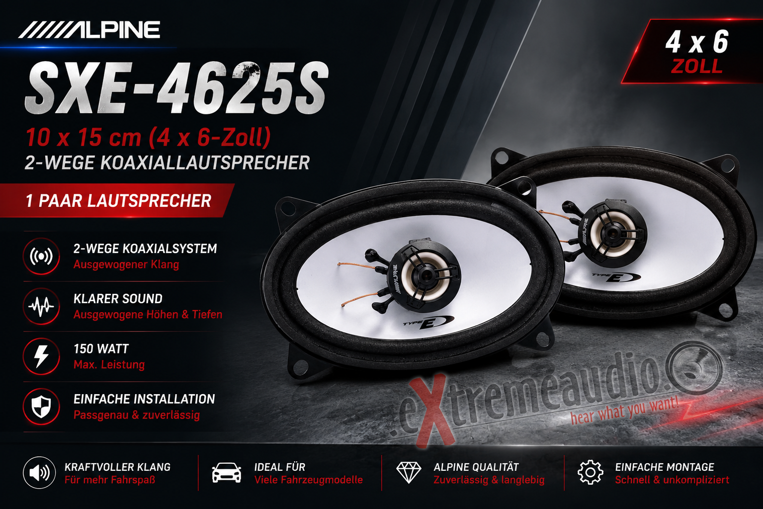 Alpine SXE-4625S 10 x 15 cm ( 4 x 6-Zoll) 2-Wege Koaxiallautsprecher 1 Paar Lautsprecher 150 Watt