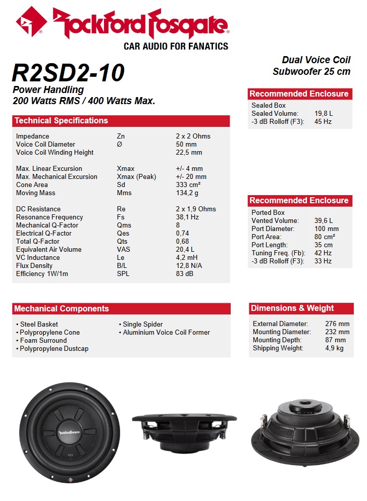 Rockford Fosgate R2SD2-10 flacher Subwoofer 25 cm (10") 200 Watt RMS Prime R2S Series Shallow