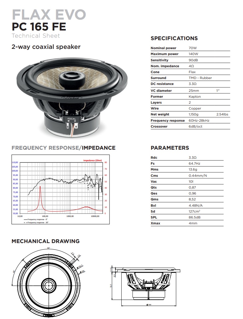 Focal PC165FE FLAX EVO-Serie 16,5 cm (6.5") 2-Wege Koax Lautsprecher Set 140 Watt - 1 Paar