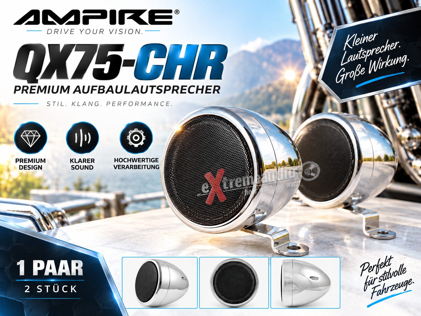 AMPIRE QX75-CHR Premium Aufbaulautsprecher, 7cm, verchromt  1 Paar (2 Stück)