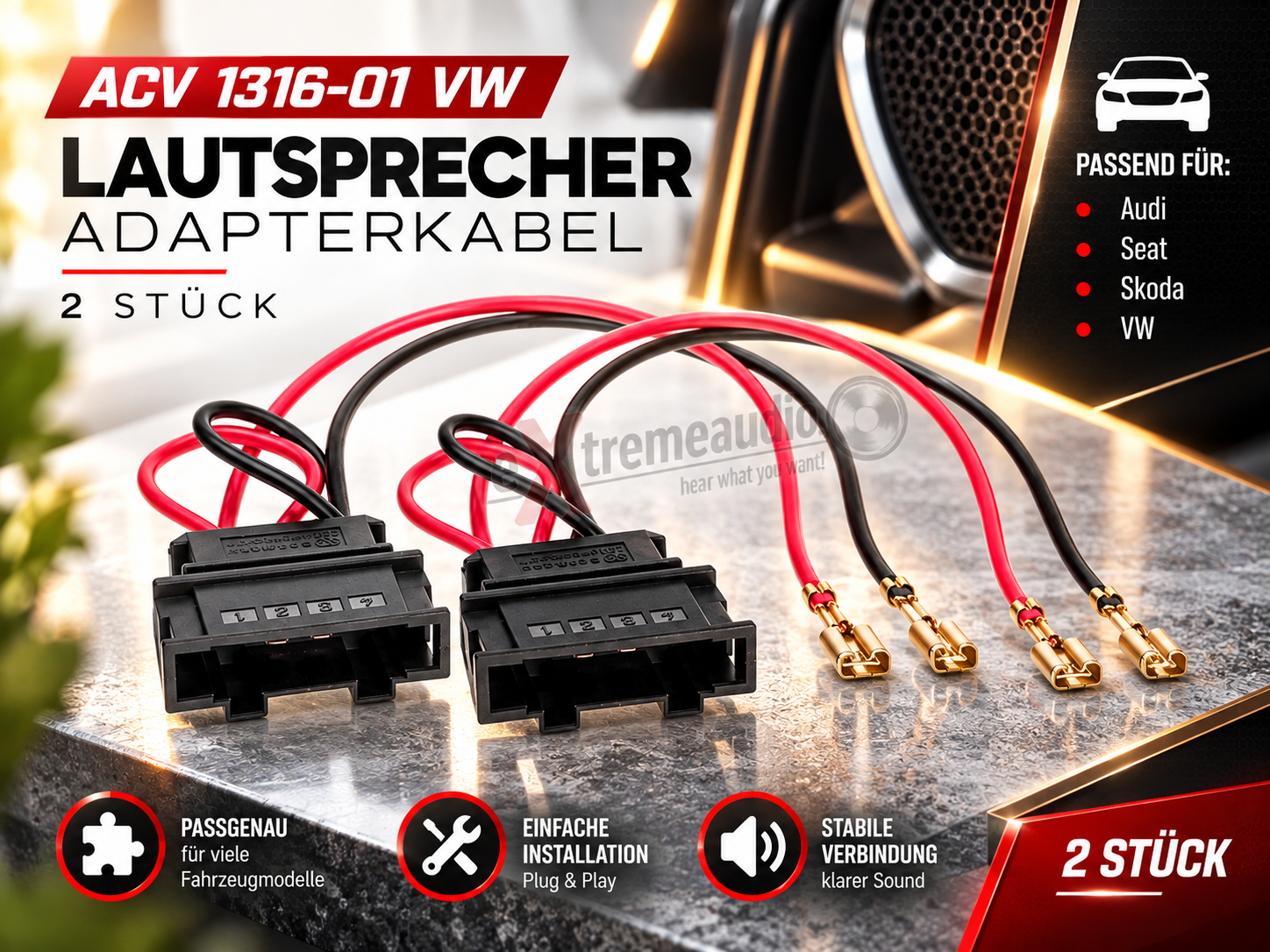 Lautsprecher Adapterkabel kompatibel mit Audi, Seat, Skoda, VW - 2 Stück