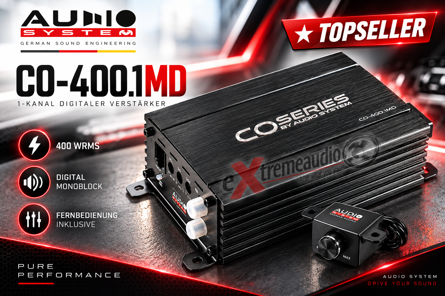 AUDIO SYSTEM CO-400.1 MD 1-Kanal Mono Verstärker Endstufe Amplifier CO-SERIES 400 Watt RMS + RTC Basspegel Fernbedienung  