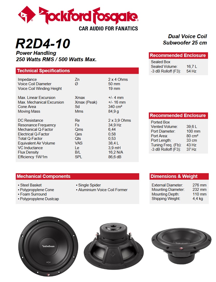 Rockford Fosgate R2D4-10 Subwoofer Prime R2 Serie 25 cm (10") 250 Watt RMS 