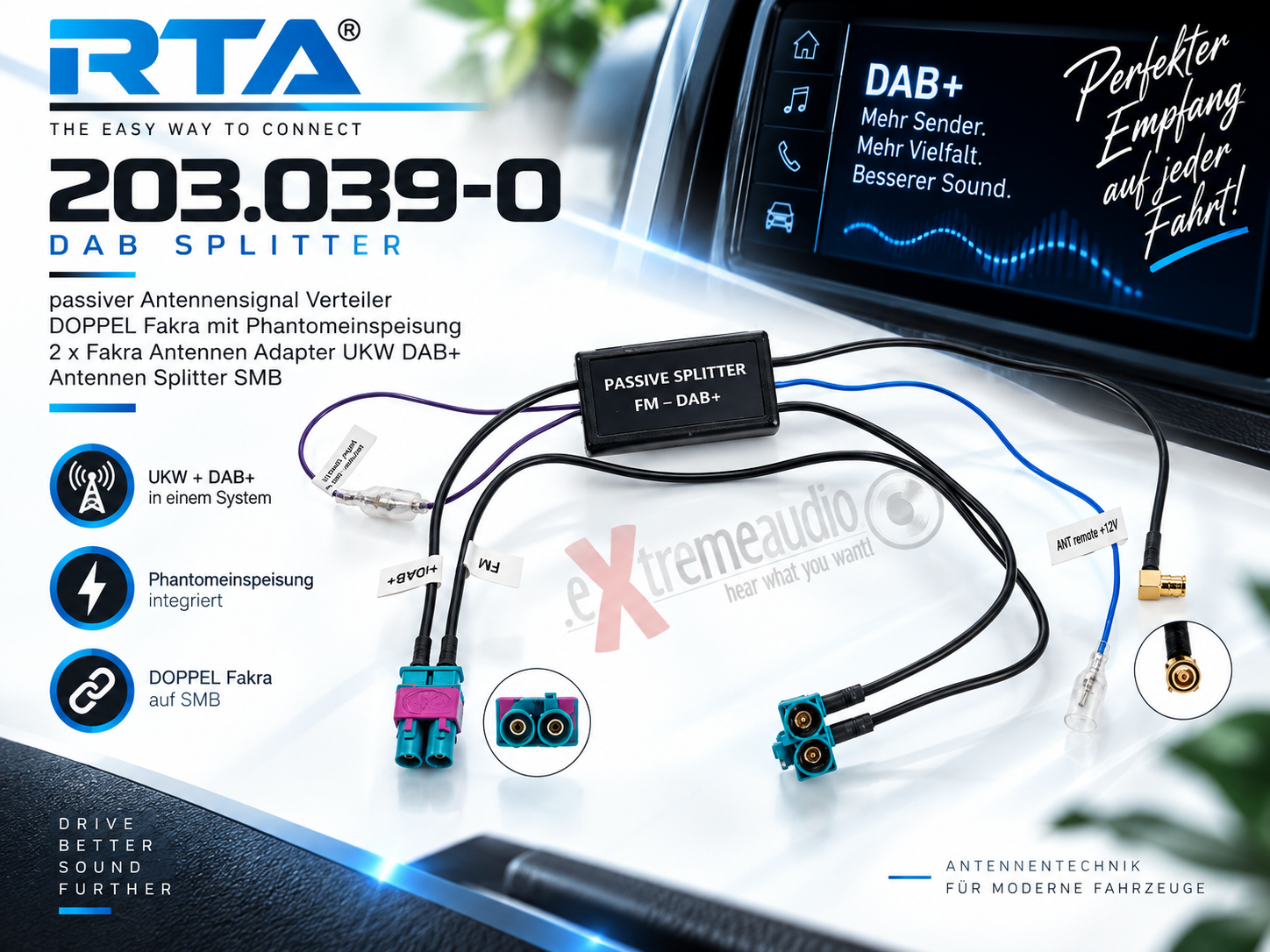 RTA 203.039-0 DAB Splitter passiver Antennensignal Verteiler DOPPEL Fakra mit Phantomeinspeisung 2 x Fakra Antennen Adapter UKW DAB+ Antennen Splitter SMB