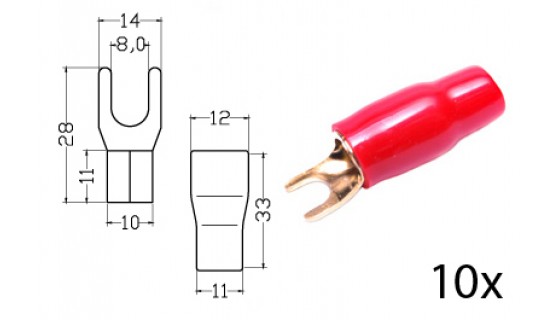 RTA 152.386-2 Terminali di bloccaggio - forcella isolati, placcato in oro, 10x ROSSO diam 35mm2. diam 8 millimetri