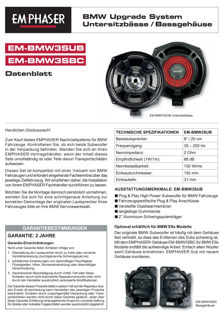 EMPHASER EM-BMW3SUB Plug & Play 8" / 20 cm Subwoofer für BMW Fahrzeuge BMW 1er F20/F21/E81/E82/E87/E88, 3er F30/F31/F34/F35/G20/G21/E90/E91/E92/E93 usw.