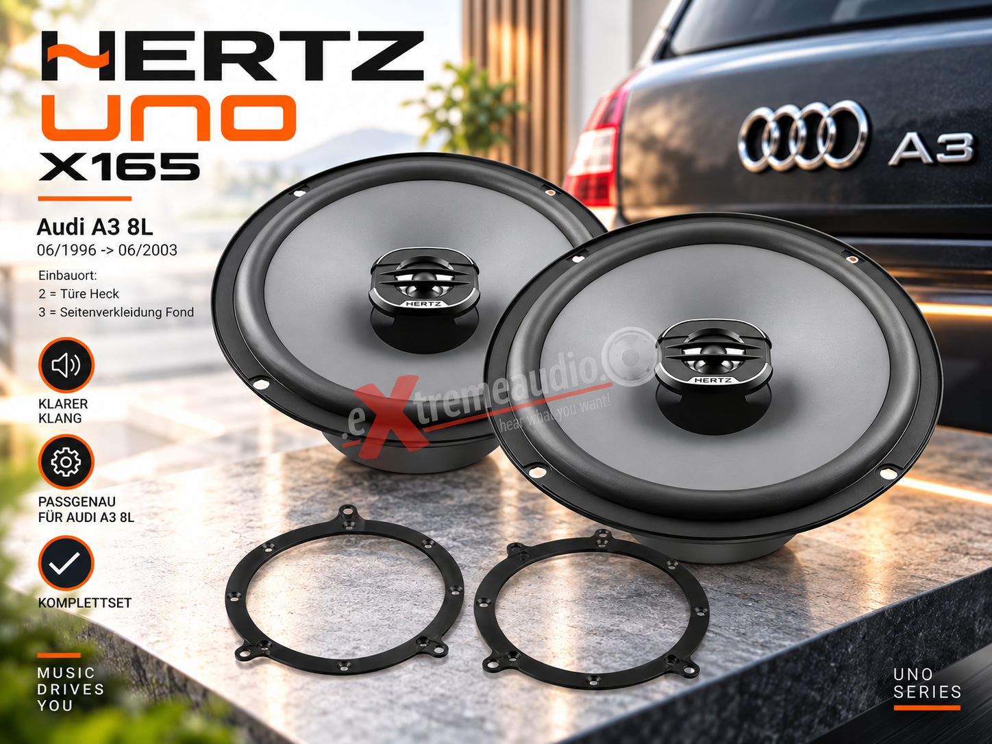 Audi A3 8L Heck - Hertz Uno X165 - 16,5 cm 2-Wege Koax Lautsprecher incl. Einbauset