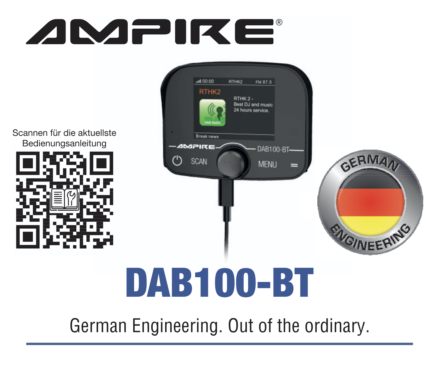 AMPIRE DAB100-BT DAB+ Receiver mit BT-Freisprecheinrichtung inklusive DAB+ Antenne, digitalen Radioempfang, A2DP Audiostreaming