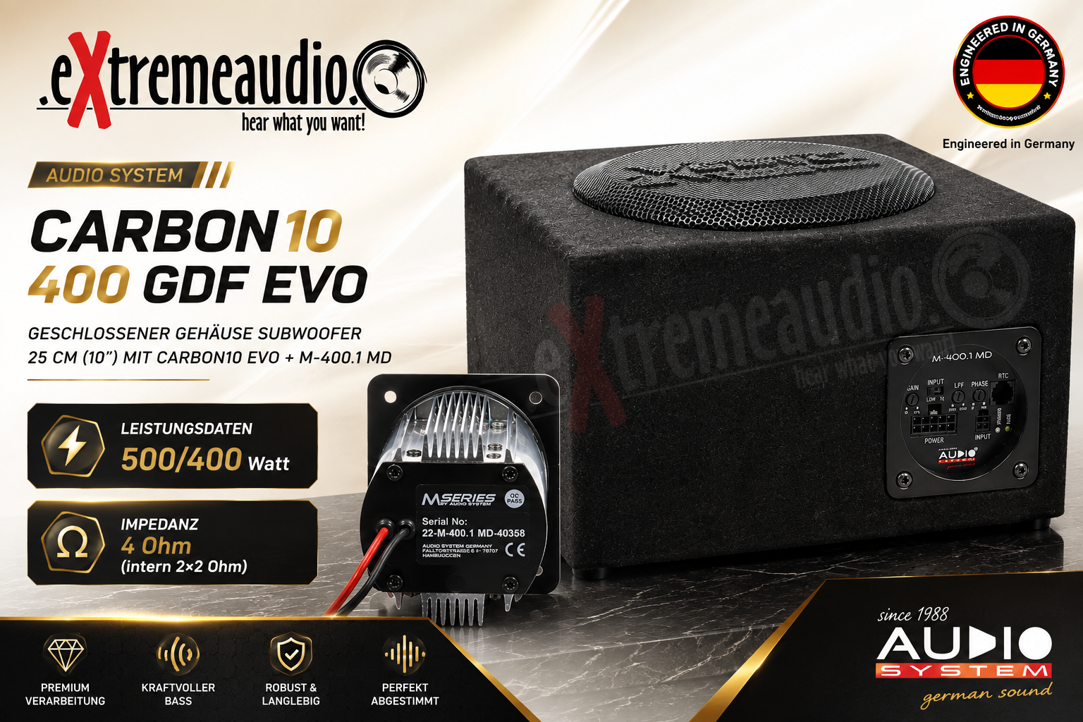 Audio System CARBON10 400 GDF EVO Gehäuse Subwoofer 25 cm (10") mit CARBON10 EVO + M-400.1 MD