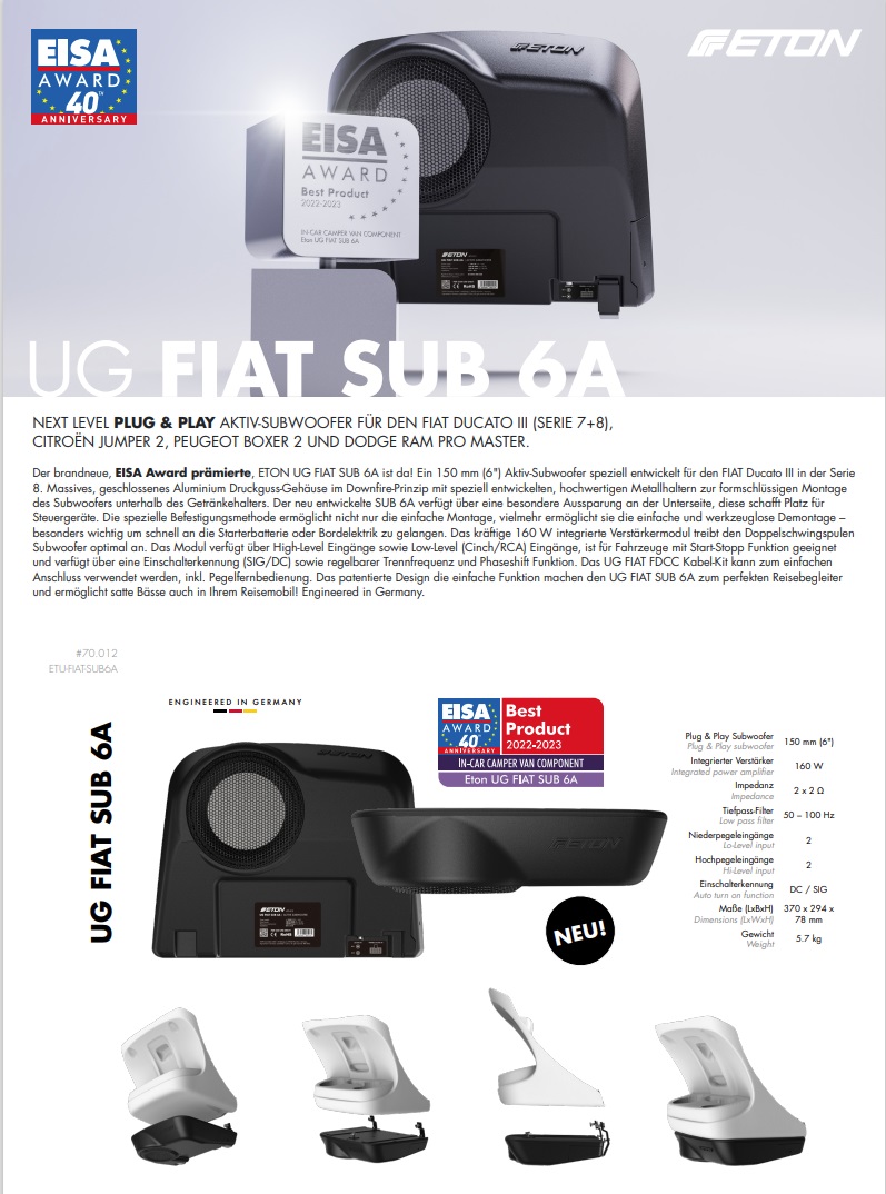 ETON UG FIAT SUB 6A Aktivsubwoofer kompatibel mit Fiat Ducato III (Serie 7 + 8), Peugeot Boxer II, Citroen Jumper II, Dodge Ram ProMaster und Iveco Daily (VI + VII)