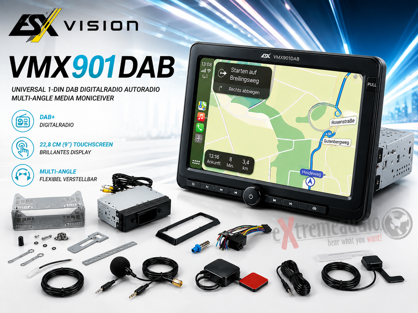 ESX VMX901DAB Universal DAB Digitalradio Autoradio 1-DIN Multi-Angle Media Moniceiver mit 22,8 cm (9“) Touchscreen