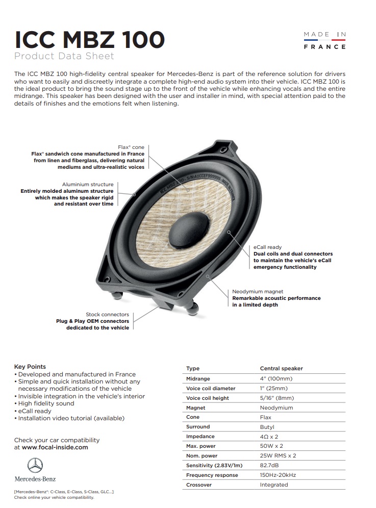 Focal ICCMBZ100 Inside 2-Wege Coax Center Lautsprecher für Mercedes Benz Fahrzeuge C-Klasse, E-Klasse, S-Klasse, GLC, Focal ICC MBZ100