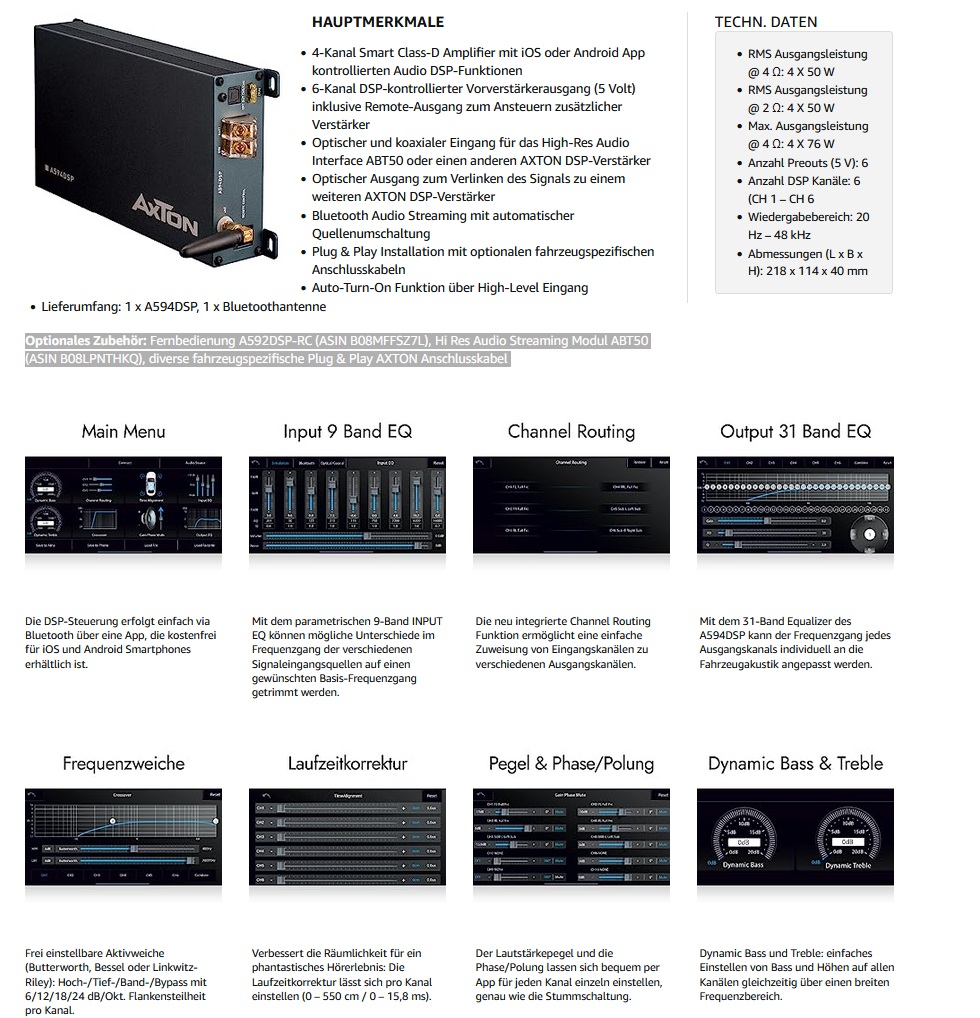  AXTON A594DSP 4-Kanal Verstärker mit 6-Kanal DSP, Handy App-Steuerung, Bluetooth Audiostreaming