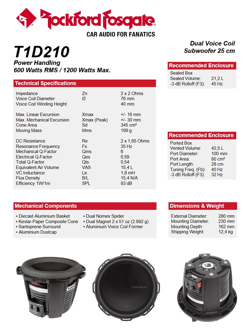 Rockford Fosgate T1D210 Subwoofer 25 cm (10") Power T1 Series 600 Watt RMS