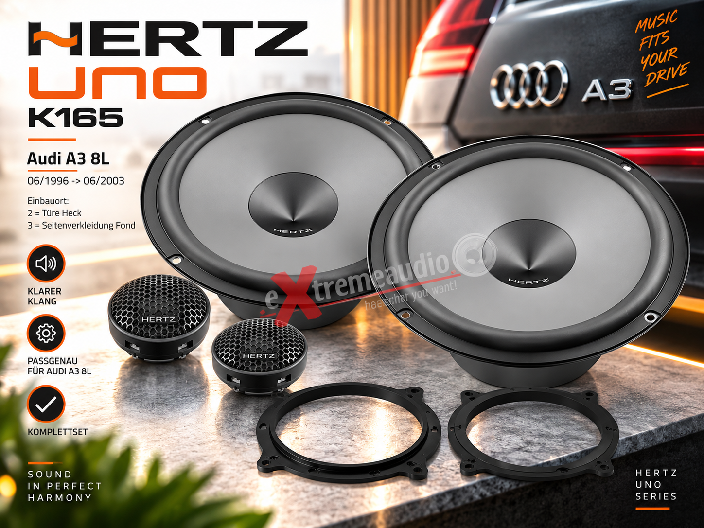 Audi A3 8L Heck - Hertz Uno K165 - 16,5 cm 2-Wege Lautsprecher Kompo incl. Lautsprechereinbauset