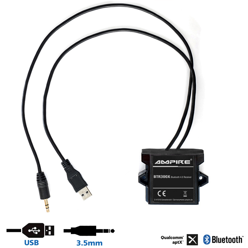 AMPIRE BTR300X Bluetooth Receiver, 3.5mm Klinke, Bluetooth Empfänger aptX Strom über USB für Fahrzeuge und Boote spritzwassergeschützt